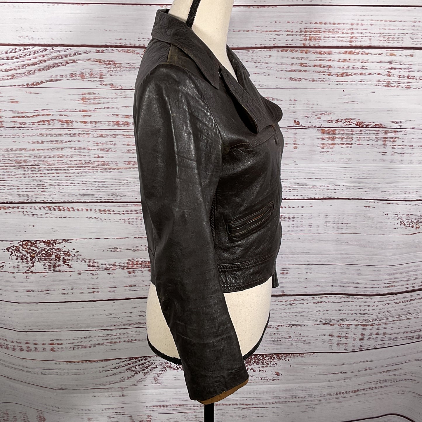 ROBERT GRAHAM Women's Brown Crop Fitted Leather Jacket- SEE MEASUREMENTS