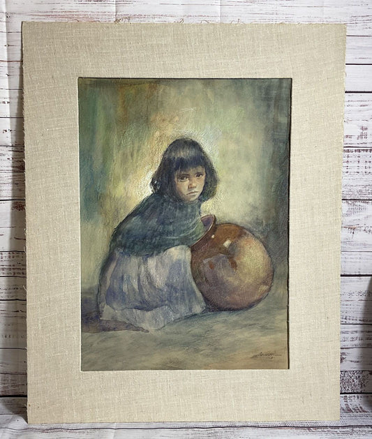 Signed VTG. 1976 Orig. EDGARDO COCHLAN "Girl with Pottery" Watercolor Painting