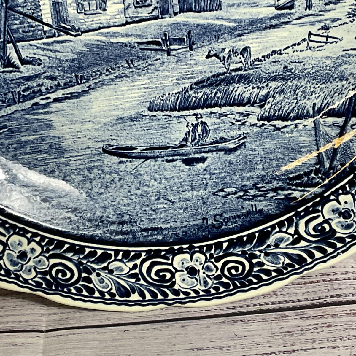 ANTIQUE DELFTS Boch Belgium Cottage & Windmills Wall Plate - 15.75"
