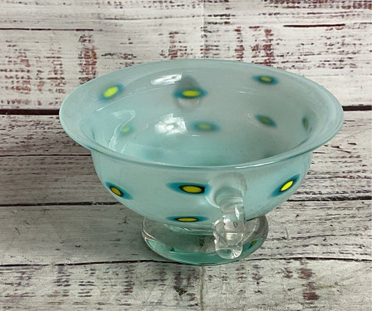 Modern Signed Hand-Blown Art Glass Double-Handled Small Bowl Blue
