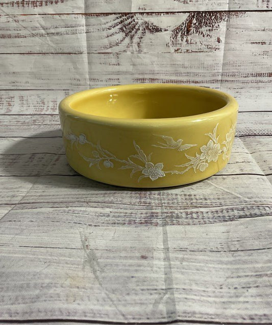 Vintage Yellow Enamel Bowl With White Hand Painted Bird Floral Art 6.5"