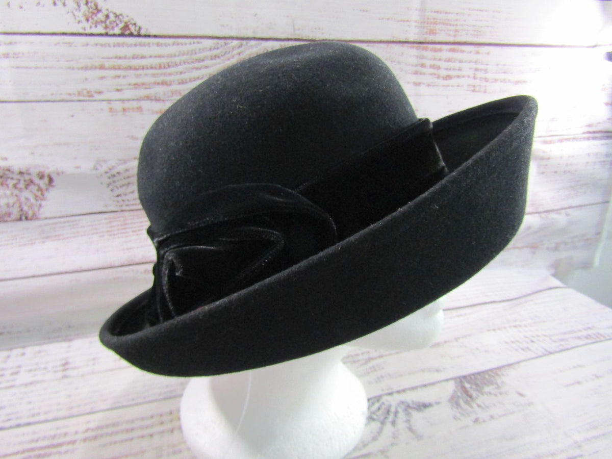 Scala Women's Black Wool Floral Velvet Trim Cloche Hat Size S