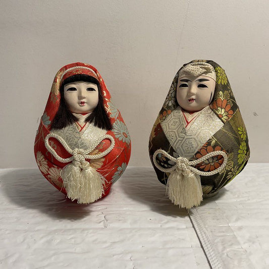 VTG. Japanese Hime Daruma Roly Poly Wedding Dolls Set of 2 6"