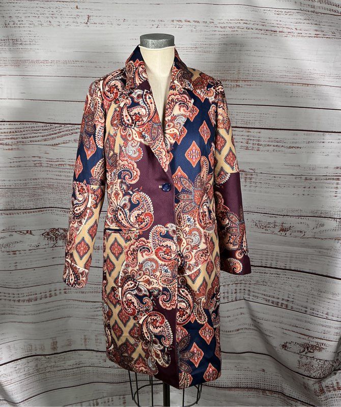 NWT Women's Chicos Paisley Print Drama Coat Size 1/Size 8 Retail $199
