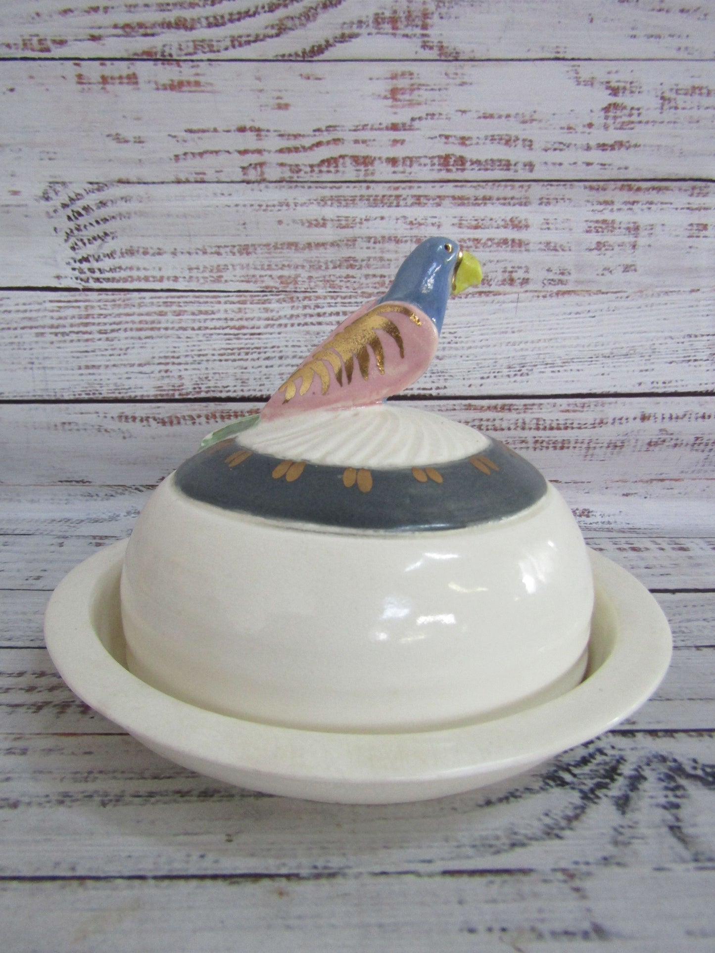 Vintage Artist Signed Handcrafted Parrot Motif Covered Butter / Cheese Plate