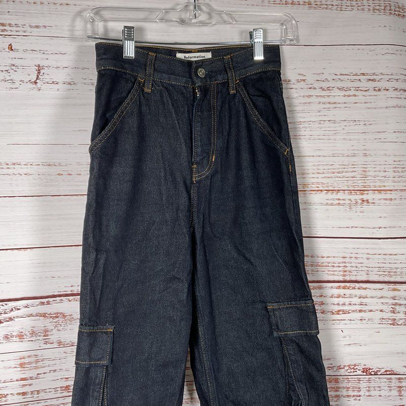 Reformation Wilder Dark Wash Denim Utility Cargo High Rise Wide Leg Jeans sz 24