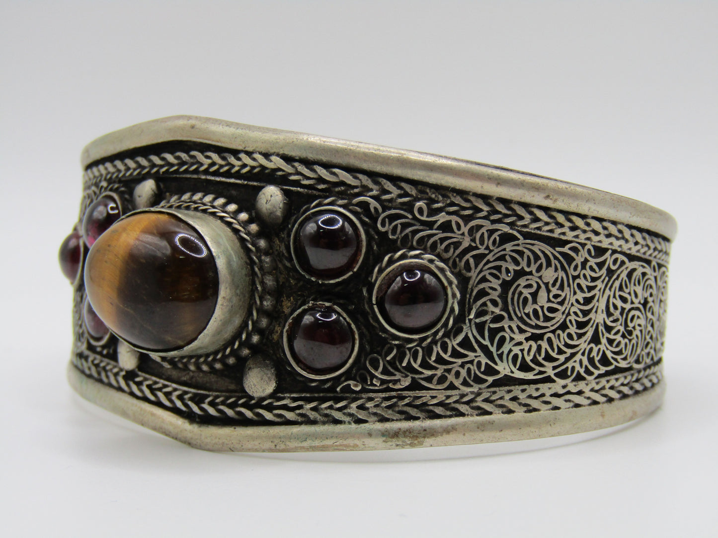 Handcrafted Tribal Silver Plated Tiger's Eye Rhodolite Garnet Cuff Bracelet
