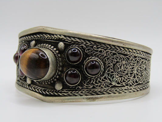 Handcrafted Tribal Silver Plated Tiger's Eye Rhodolite Garnet Cuff Bracelet