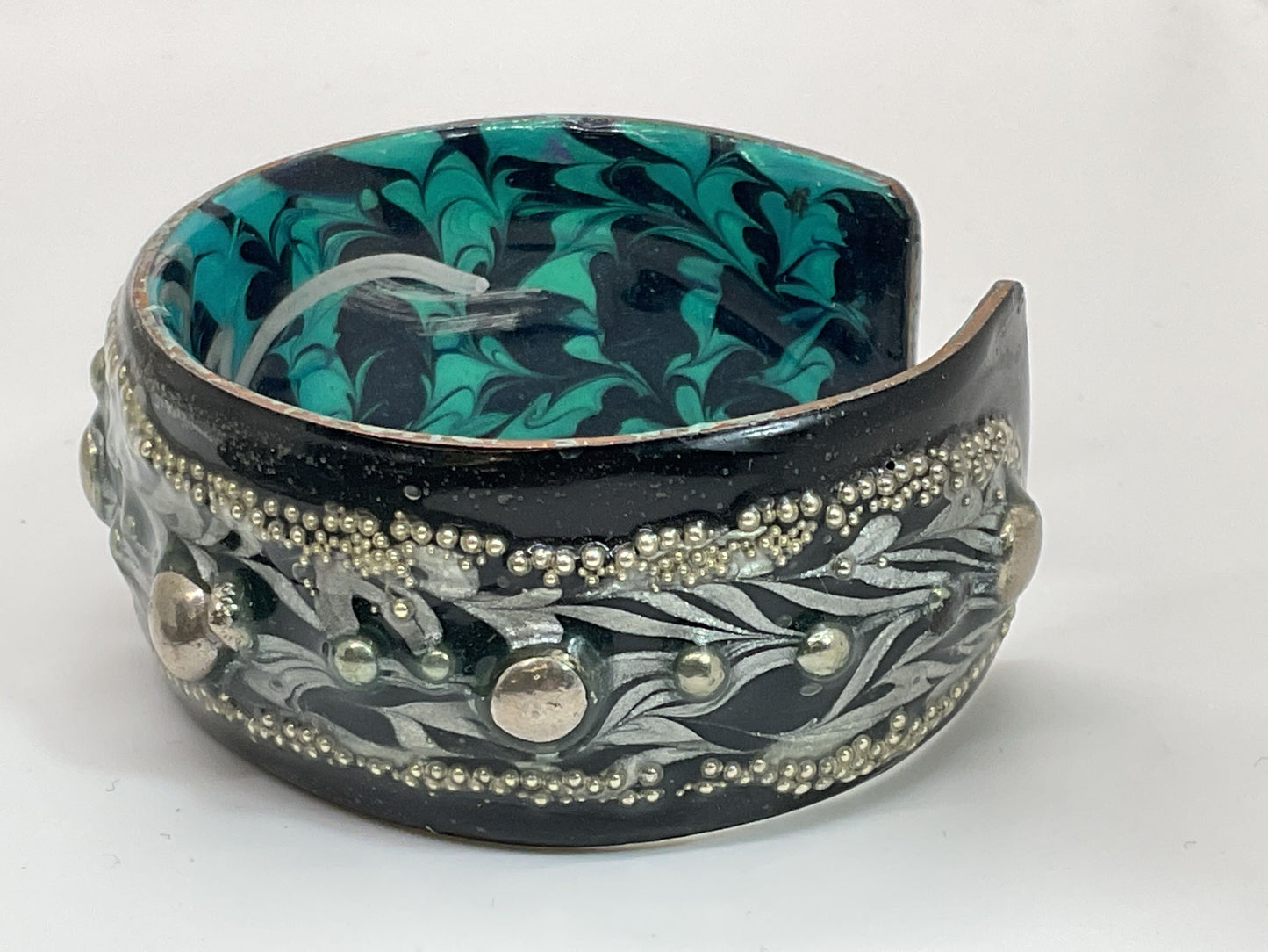 Signed Artisan Brutalist Copper & Enamel Studded 1" Wide Cuff Bracelet- 6.25"