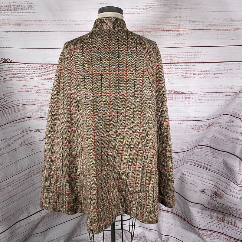 VTG. Young Pendleton Brown Plaid Tweed Virgin Wool Cloak/Cape Coat - Size 11/12