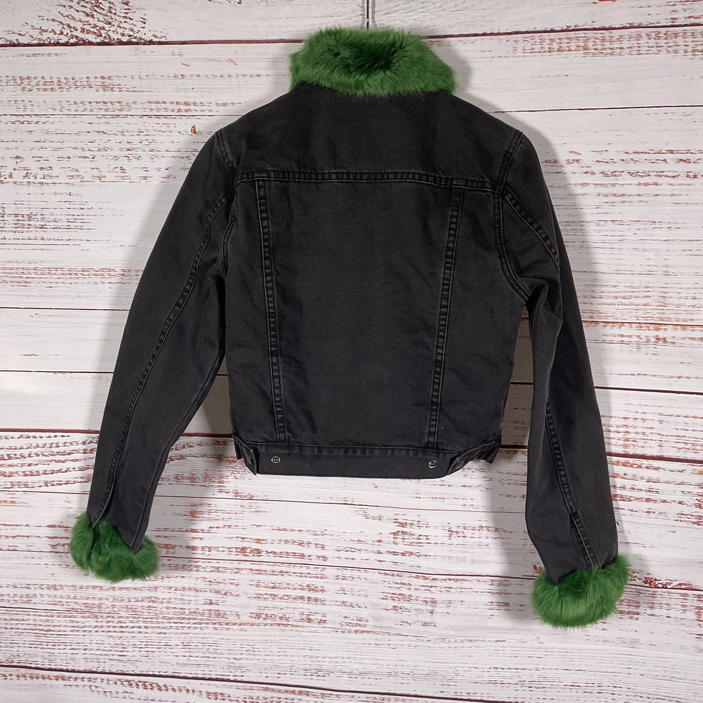 Unif Daria Black Denim Green Faux Fur Collar Cuffs Jacket - Size XS