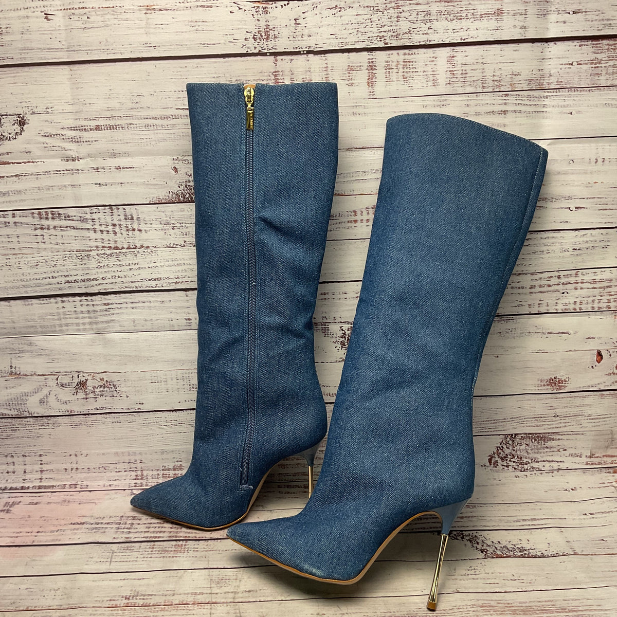Schutz Blue Denim Jean Material Tall Heel Boot Women Size 9