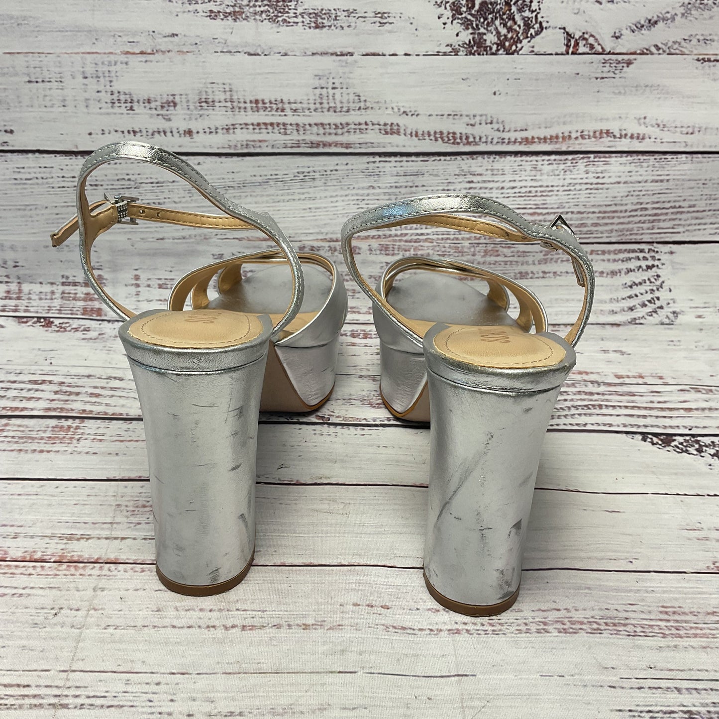 Schultz Keefa Silver Platform Heel Ankle Buckle Women Size 7.5