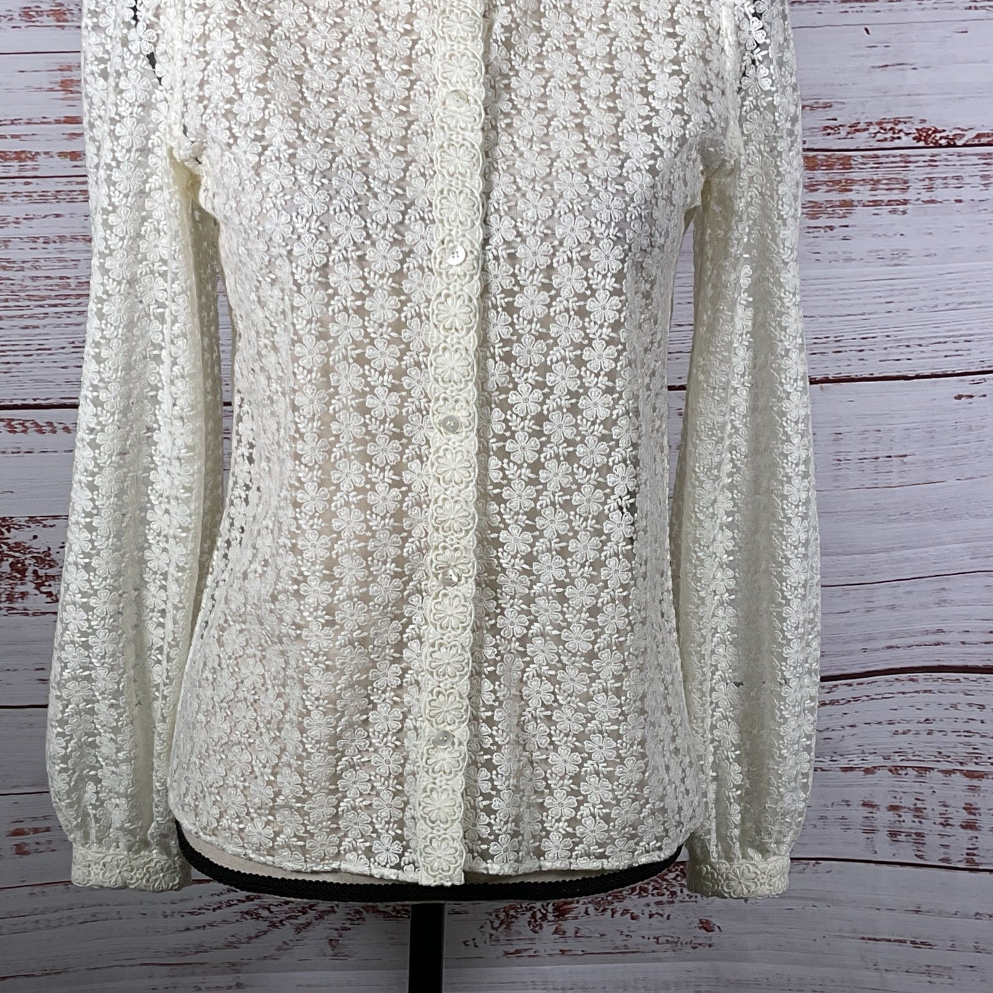 SEZANE Women's White Floral Lace Funnel Neck Long Sleeve Button-Up Blouse- SZ 34