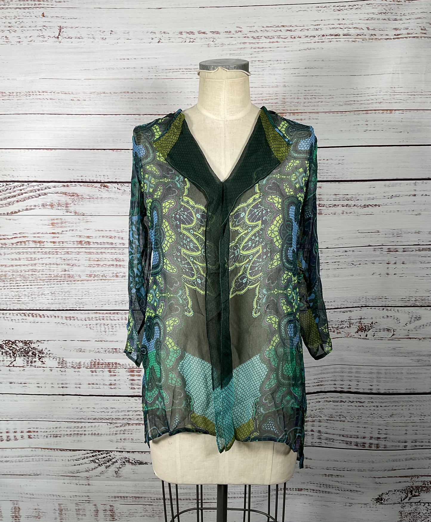 Gorgeous Citron 100% Silk Paisley Print Sheer 3/4 Sleeve Tunic - Size Small