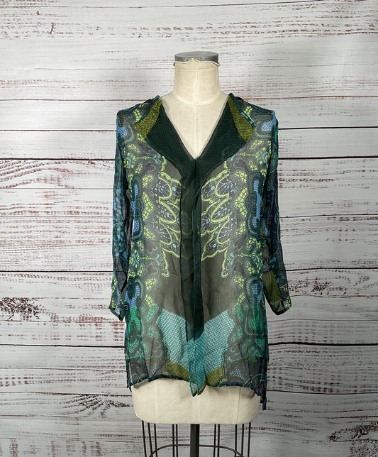 Gorgeous Citron 100% Silk Paisley Print Sheer 3/4 Sleeve Tunic - Size Small