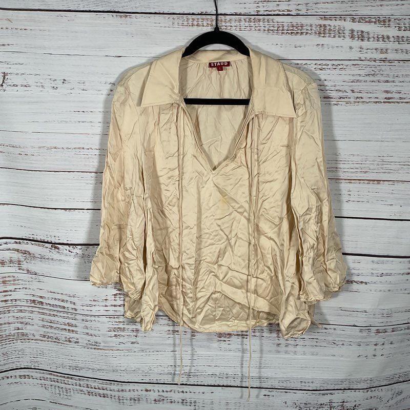 Staud Ivory Wide Collar V Neck Flowy Pirate Blouse - Size L