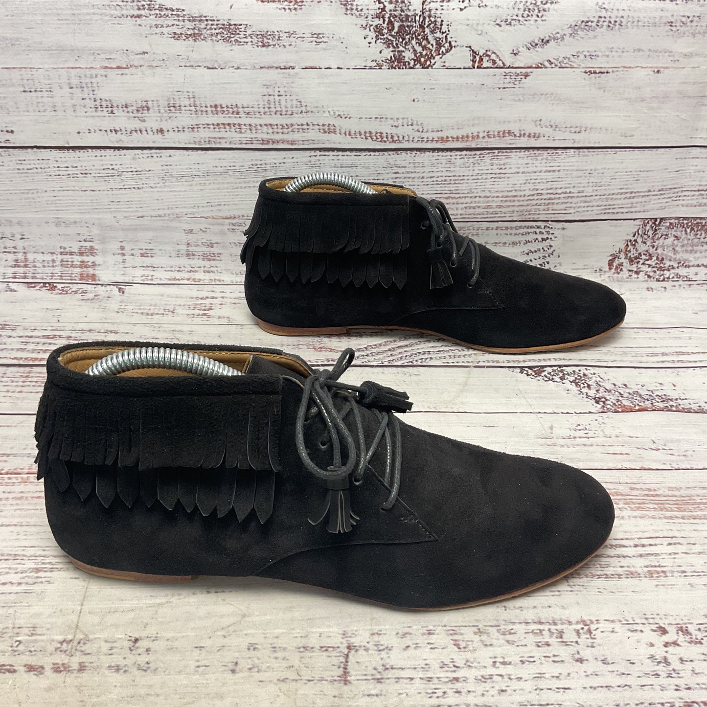 Ulla Johnson Black Suede Laced Moccasin Fringe Shoe Women Size 8.5