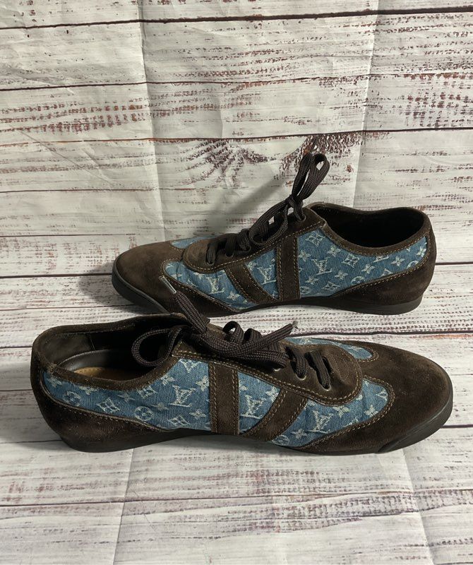 Louis Vuitton Monogram Sneaker Denim Brown Suede Men's Size 10.5