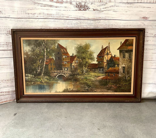 European German Village River Bridge Oil Painting Impressionist by W. Hans 32x56