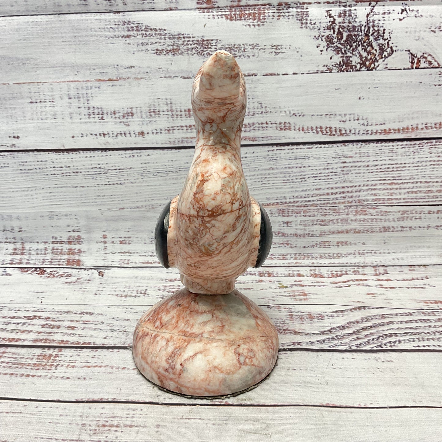 Pink Marble Carved Duck Black Stone Wings On Pedestal 7.5"