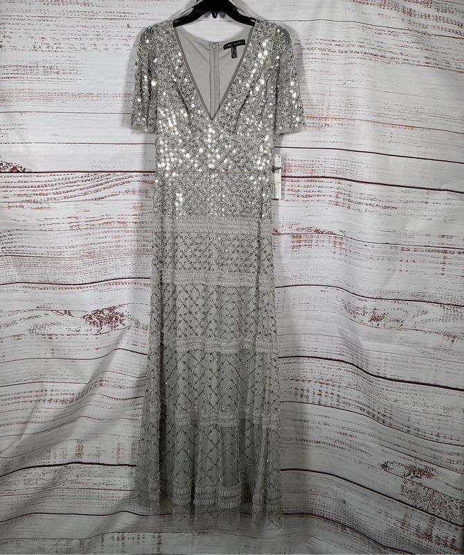 NWT Women's Aidan Mattox SS Silver Beaded Gown Size 4 Retail $595 STUNNING!!
