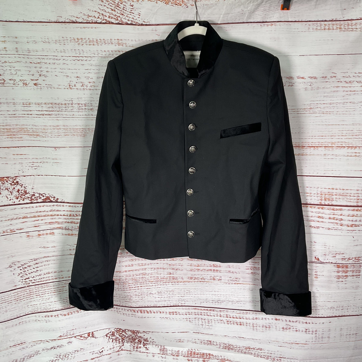 Salt Murphy Leonard Black Blazer Silk Velvet Cuff Accent Jacket - Size 38 New