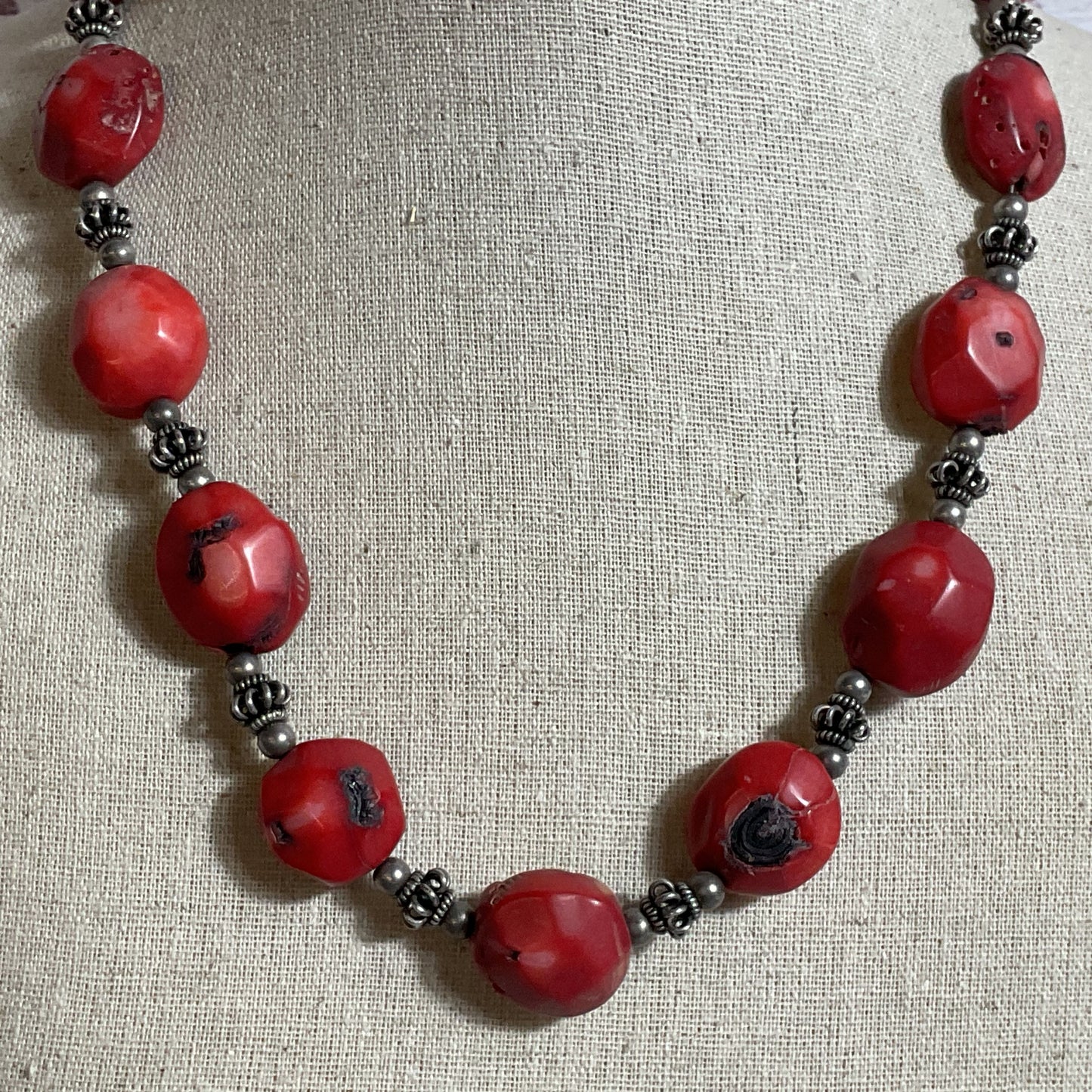 Sterling Silver Beaded Bold Chunky Red Coral Necklace- 24"
