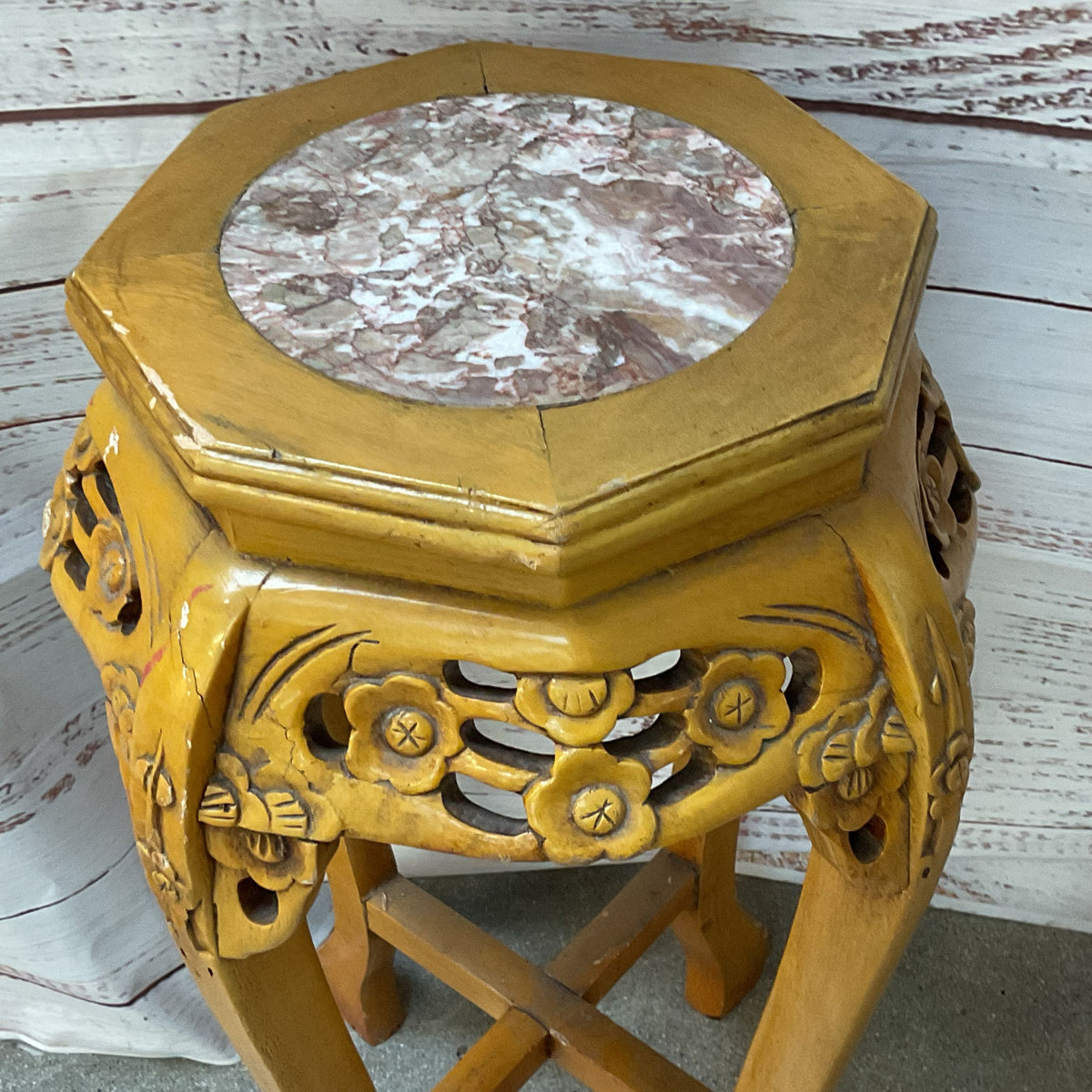 VTG/ANTIQUE Chinese Chinoiserie Carved Wood & Marble Plant Stand Table-14" x 24"