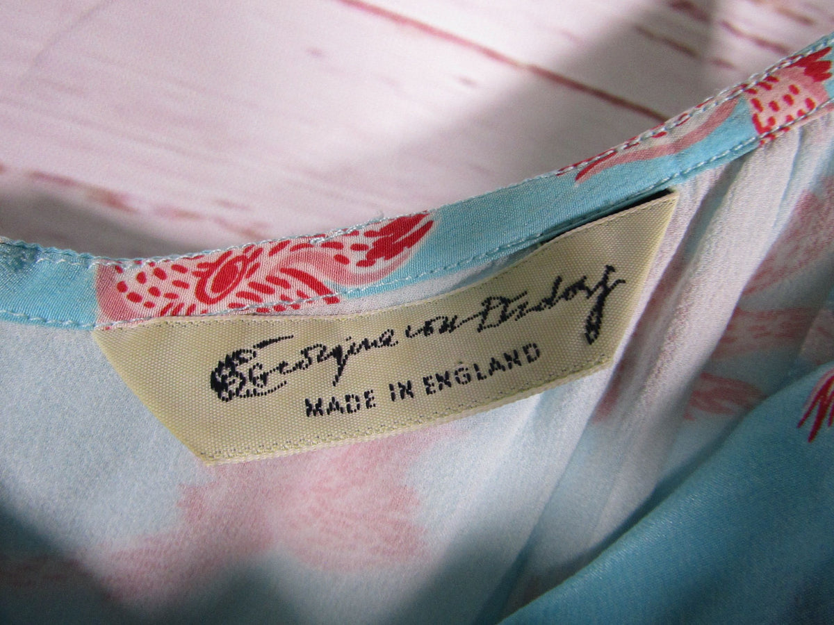 Georgina von Etzdorf Women's Blue Floral Silk Slip Dress Size M Made in England