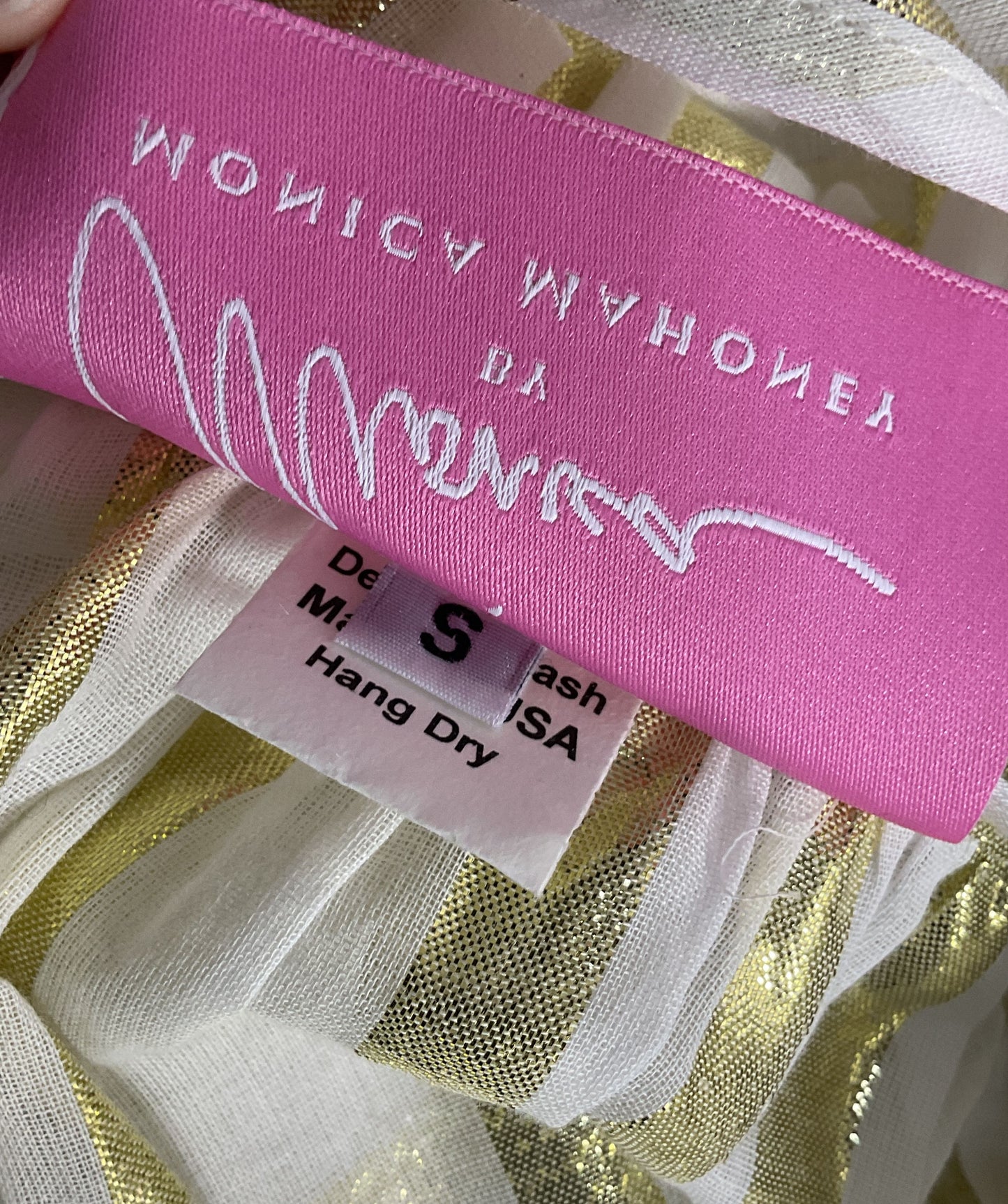 Monica Mahoney Ruffle Gauze Silky Metallic Stripes Blouse White Gold S