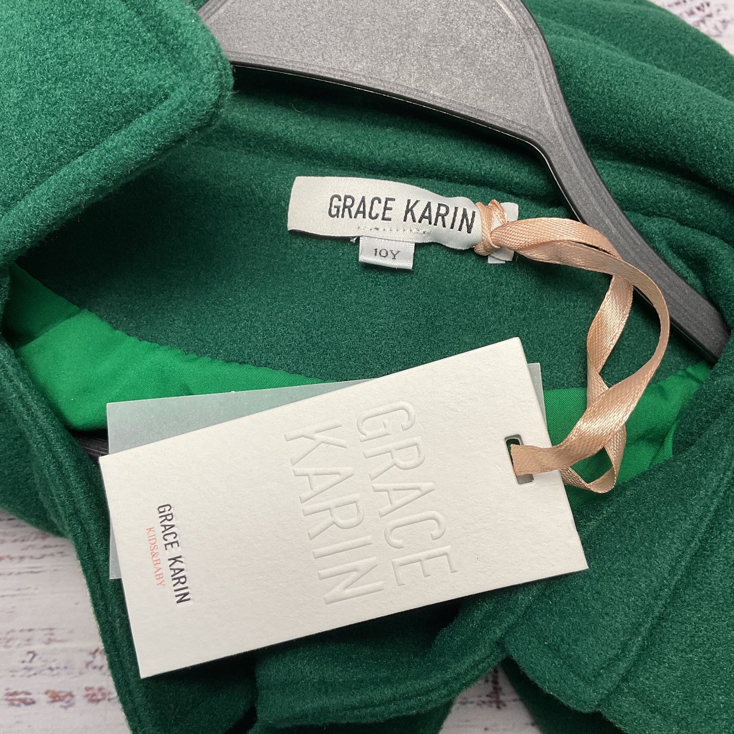 Grace Karin Green Polyester Wool Double Breasted Belted Coat - Size 10Y New