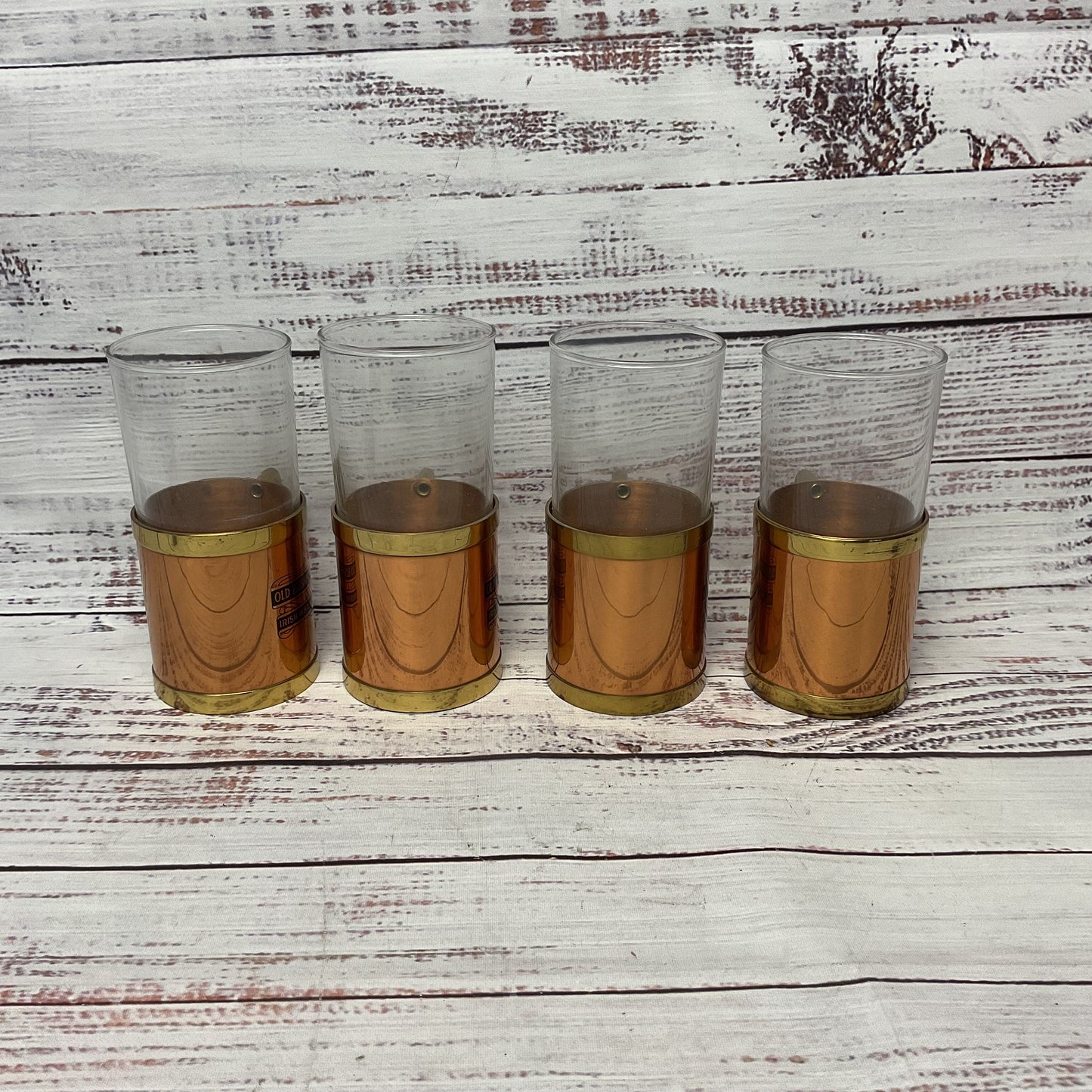 Beucler Old Bushmills Irish Whiskey Copper Brass Glass Cork Cups Lot of 4