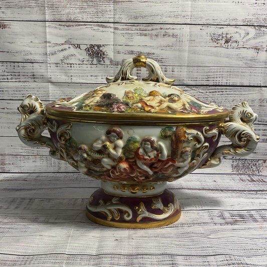 VTG Keramos R. Capodimonte Cherub Pedestal Bowl Lidded 20" Italian Tureen