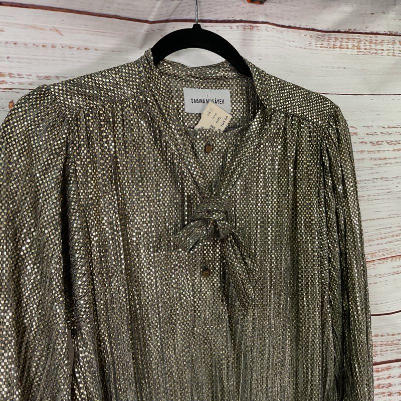 NWT Sabina Musayev Boca Gold Check Neck Tie Long Sleeve Mini Casual Dress Size S