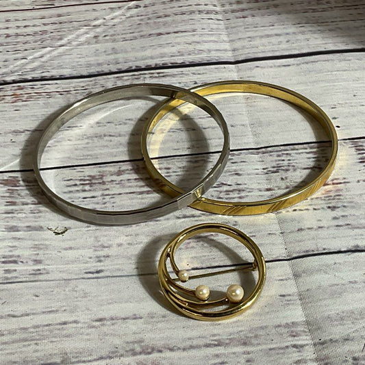 Set of 3 MONET Bangles and Faux Pearl Brooch