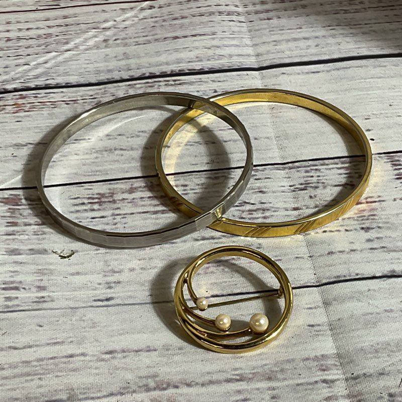 Set of 3 MONET Bangles and Faux Pearl Brooch