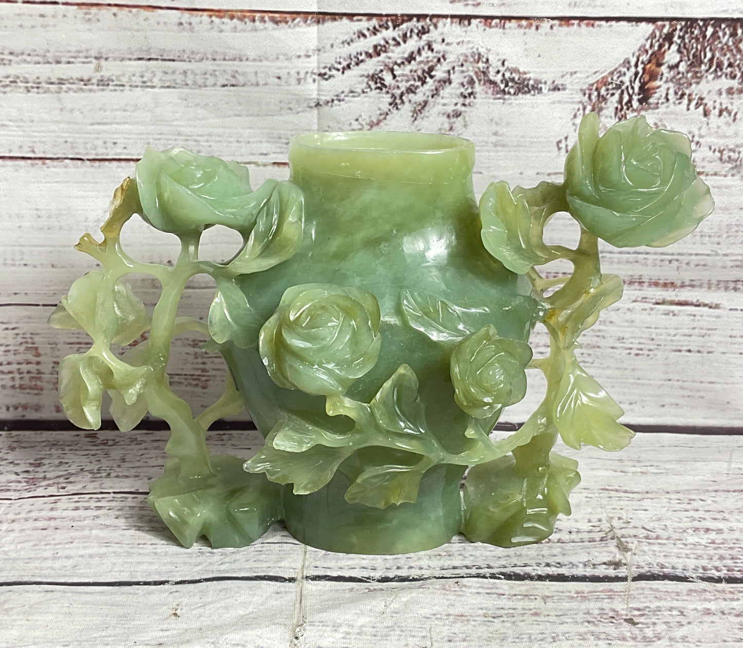 Vintage Chinese Rose Carved Natural Stone Jar Green