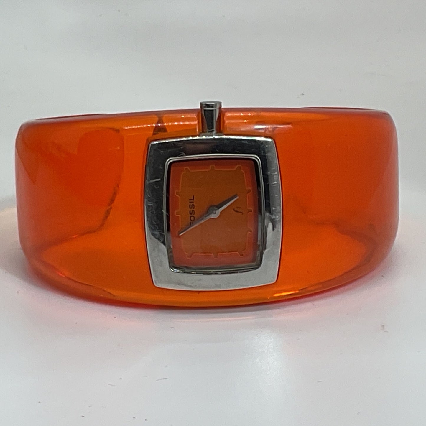 VTG. FOSSIL FS-9787 Women's Orange Lucite Cuff Watch- NEEDS BATTERY
