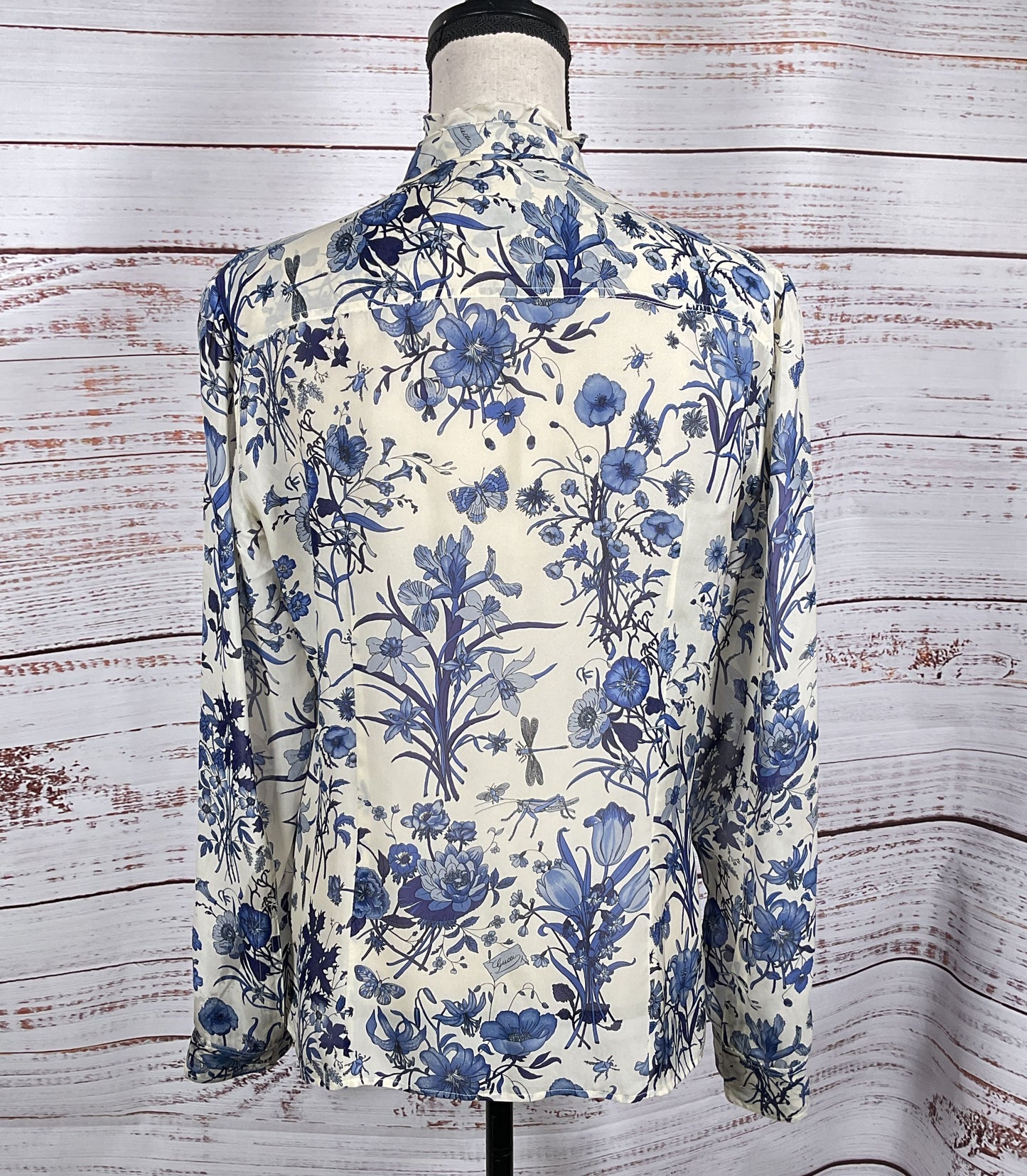 Gucci Silk Floral Lace Snap Button Long Sleeve Blouse Blue White 44