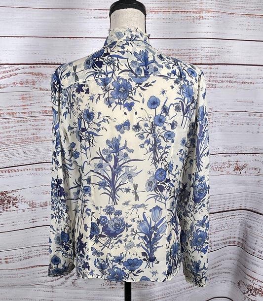 Gucci Silk Floral Lace Snap Button Long Sleeve Blouse Blue White 44