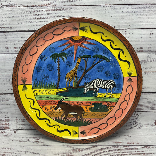 Penzo Zimbabwe Large Plate Hand Painted Signed Giraffe Zebra 12"