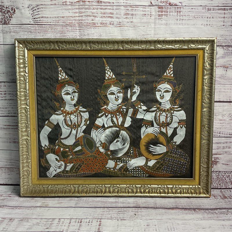 Three Kinnara Gods 21" Thai Painting on Silk in Damaged Frame