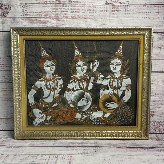Three Kinnara Gods 21" Thai Painting on Silk in Damaged Frame
