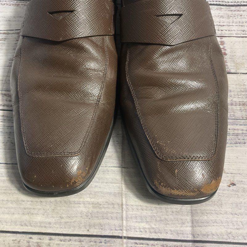Prada Saffiano Brown Crossgrain Leather Penny Loafer Dress Shoe Men 8