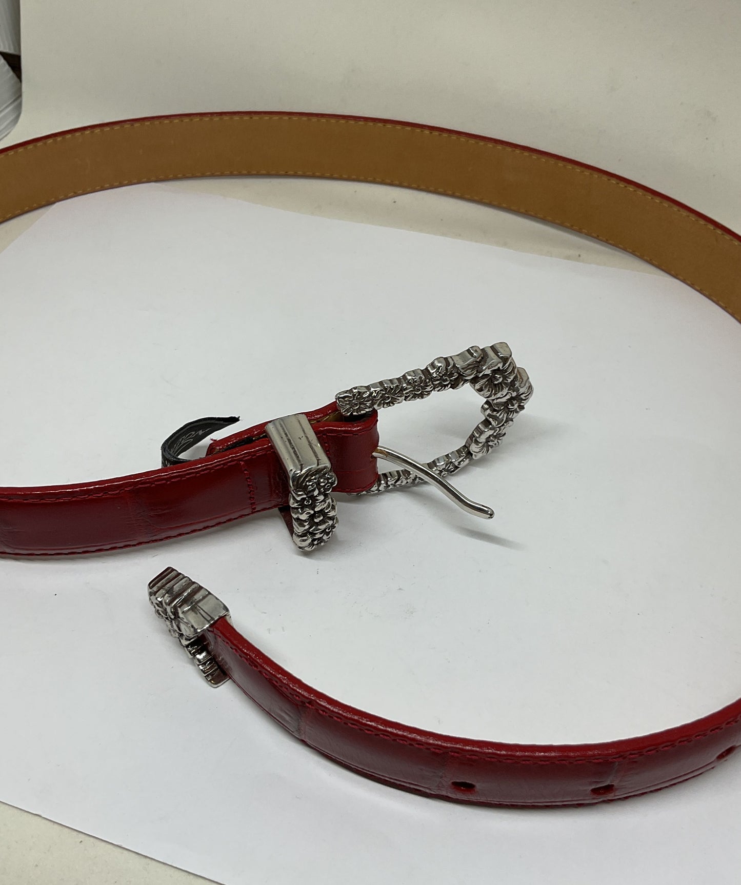 Brighton Red Embossed Leather Silver Tone Buckle Belt - Size M