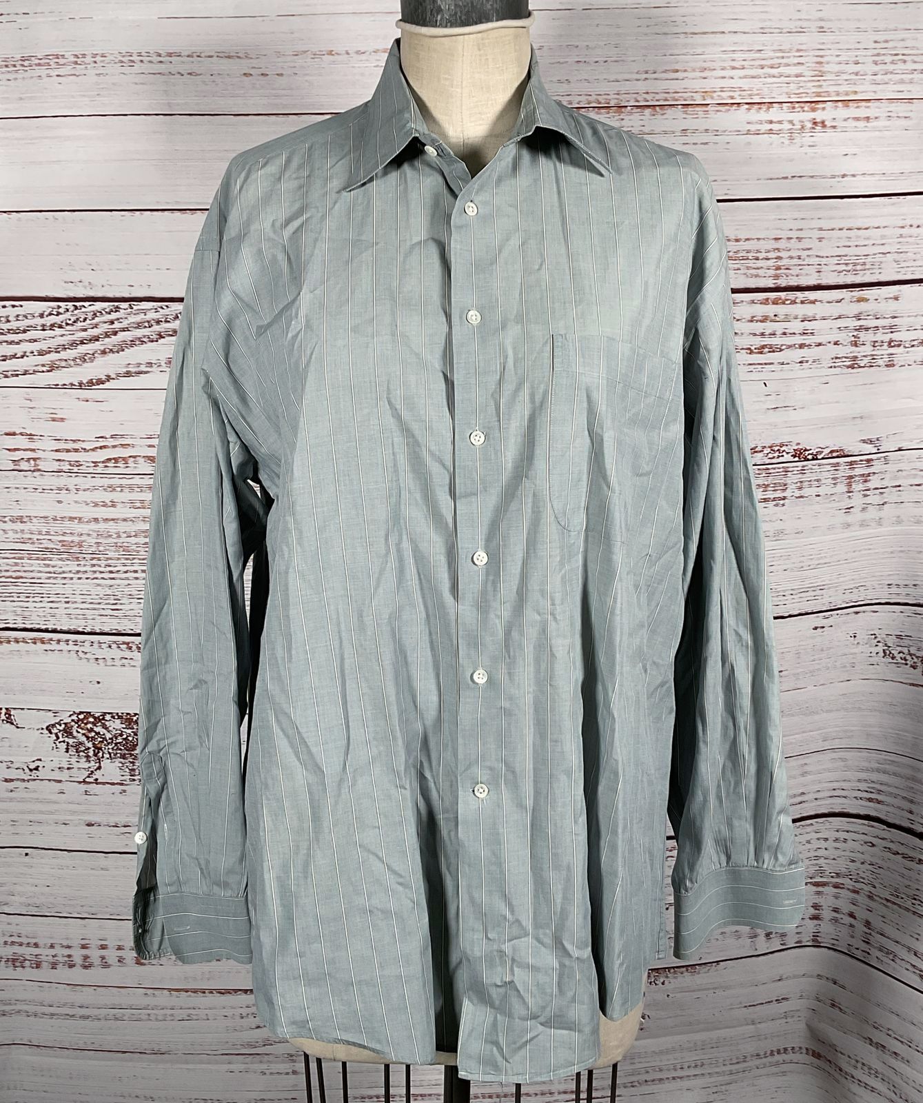 Giorgio Armani Vintage Striped Button Down Dress Shirt Sage Green 16 32/33
