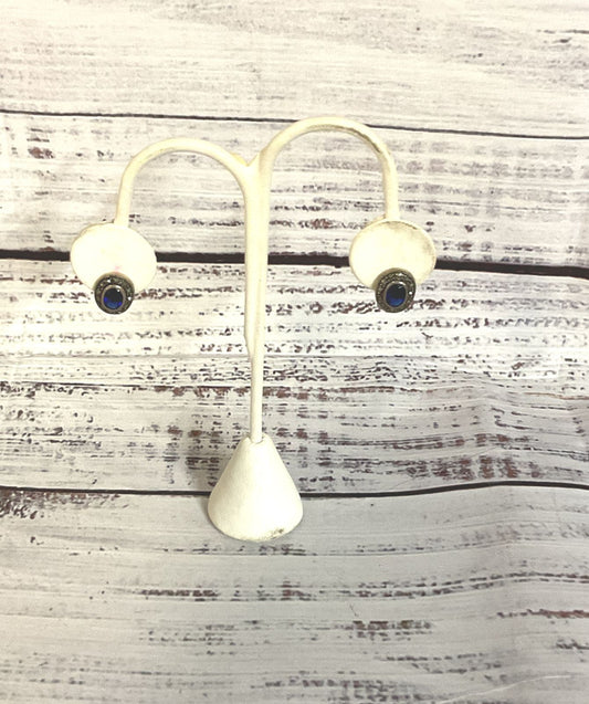 Sterling Silver Marcasite Vintage Stud Earrings blue Glass Stone