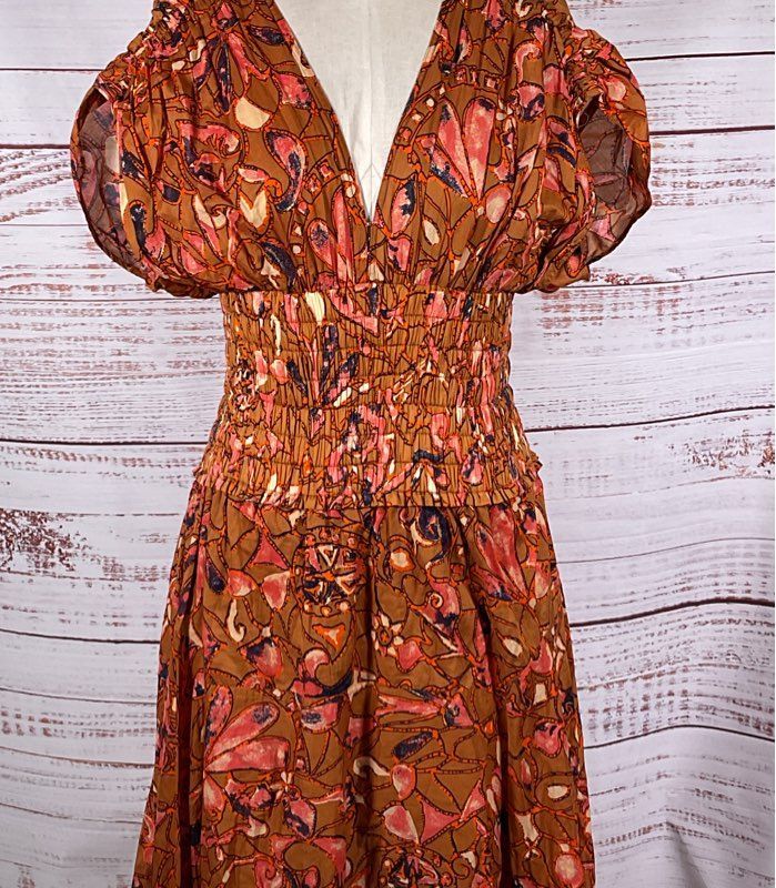 A.L.C Lucia Floral V Neck Smocked Waist A-Line Midi Dress Multicolor 0