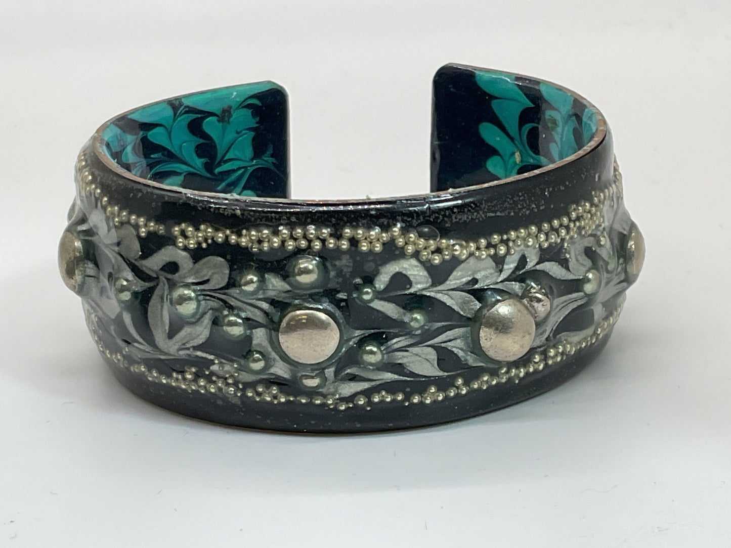 Signed Artisan Brutalist Copper & Enamel Studded 1" Wide Cuff Bracelet- 6.25"